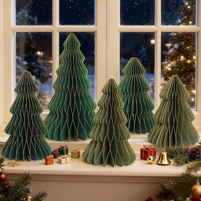 5Pcs Christmas Honeycomb Table Decorations Indoor, Lighted 3D Honeycomb Paper Christmas Trees, Vintage Green Table Centerpieces for Xmas Frozen Winter Holiday Party Home Decor, 8/10/12 Inch