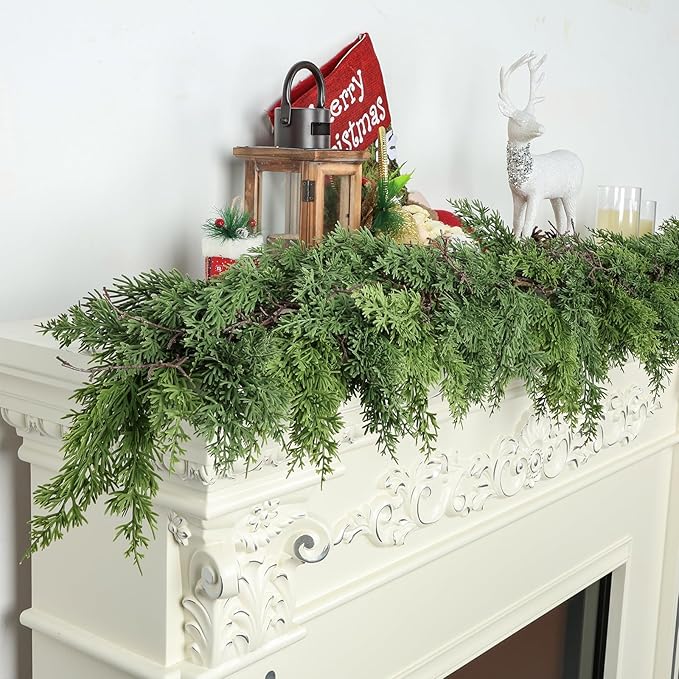 Artgar 6 Ft Christmas Cedar Garland - Realistic Greenery Cypress Garlands - Real Touch Artificial Pine Garland Christmas Decorations for Outdoor Home Dining Table Mantel Stair Porch Winter Xmas Decor