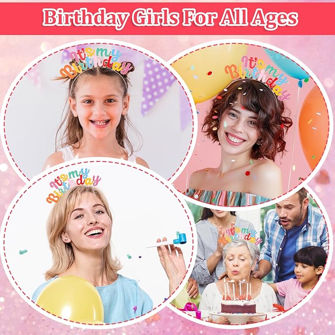 Its My Birthday Headband Set, Rainbow Sash and Crown, Happy Birthday Headpiece for Women Girls Party Decorations (Colorful)