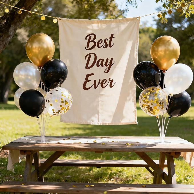Black White Gold Confetti Balloons Garland Kit, 66Pcs 12 Inch Latex Party Balloons with Metallic Ribbons for Elegant Birthday Wedding Baby Shower Graduation Arch Decorations