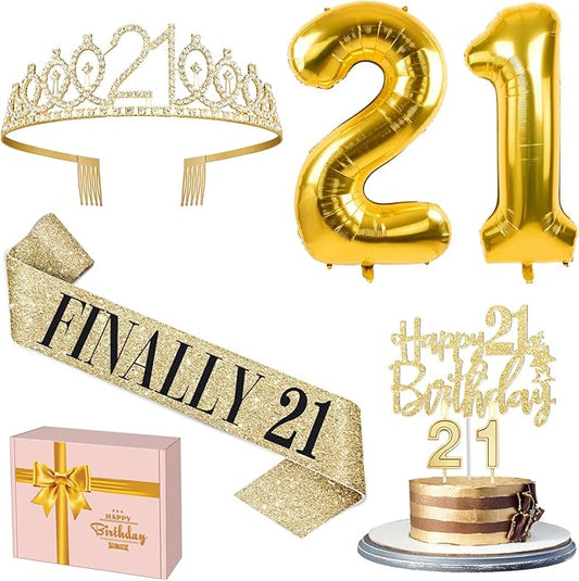 21st Birthday Decorations for Her Gold with 21st Birthday Sash and Tiara, Cake Topper and candles, Number Balloons, 21 Year Old Gifts for Her