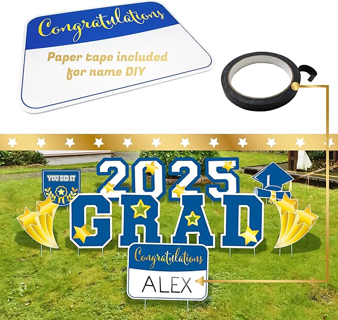 Graduation Yard Sign 2025 with Stakes, Large 2025 Graduation Lawn Signs Set (13 Pcs in Blue and White with Personalized Name DIY Board) Graduation Decorations for Grad Party Indoor or Outdoor