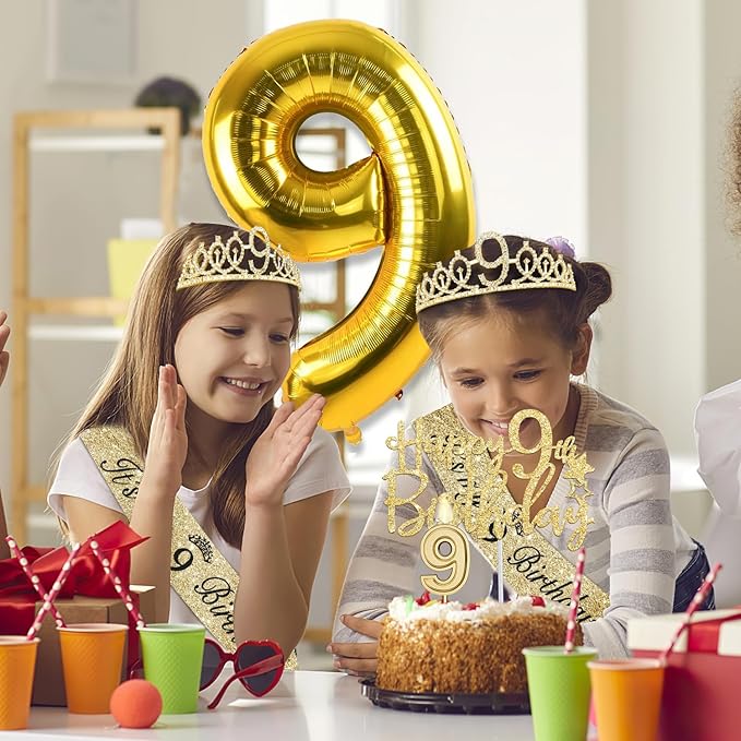 9th Birthday Decorations for Girl Gold with 9th Birthday Sash and Tiara, Candles and Cake Topper, Number Balloons, 9 Year Old Gifts for Girls