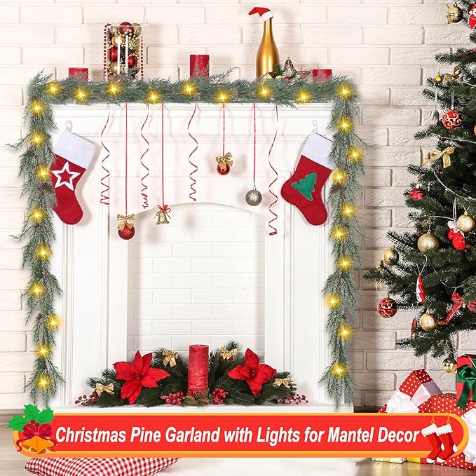 Artgar Pine Garland Realistic, 6 FT Cedar Garlands, Christmas Garland with 30 Warm Lights with 8 Light Modes, Garland Christmas Decorations for Mantels Stair Table Decor (White-Green)