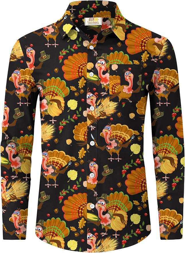 Arvilhill Men's Thanksgiving Long Sleeve Shirt Turkey Pattern Button Down Shirts Family Gathering Fall Festival Wear (S-3XL)