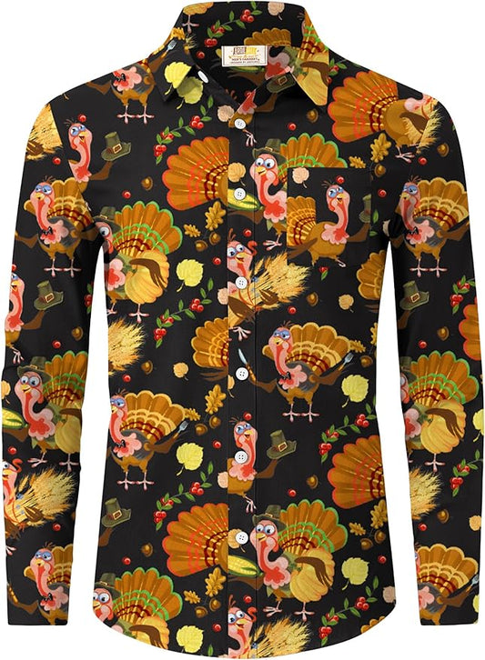 Arvilhill Men's Thanksgiving Long Sleeve Shirt Turkey Pattern Button Down Shirts Family Gathering Fall Festival Wear (S-3XL)