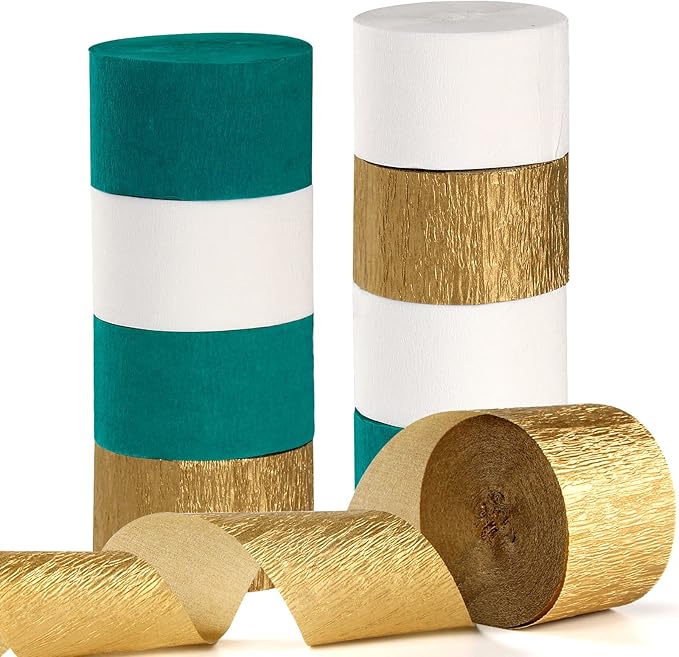 Teal-Turquoise White Gold Party-Decorations Streamers - 9 Rolls Woman Girl Birthday Crepe Tissue Paper Streamer Graduation Wedding Bachelorette Engagement Bridal Baby Shower Garland Decor Panduola