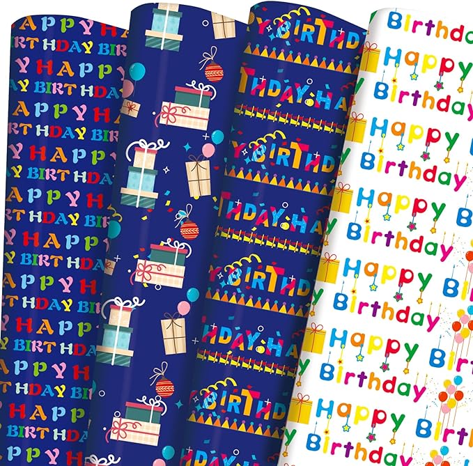 PlandRichW Birthday Wrapping Paper 12 sheets Folded Happy Birthday Gift Wrapping Paper for Kids Boys Girls Men Women Baby 4 Style Colorful Birthday Greeting Gift Wrap Paper 20 X 29 Inches