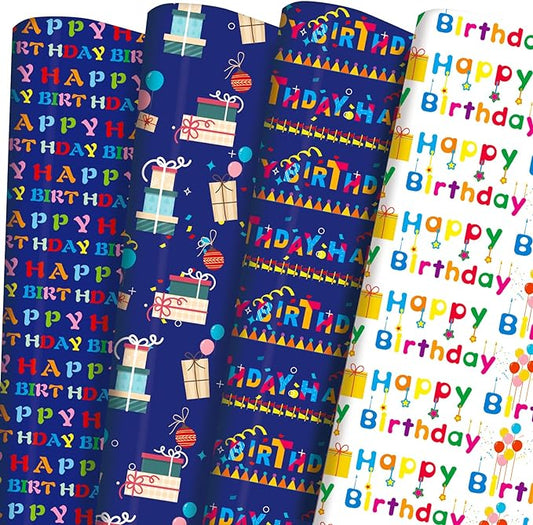 PlandRichW Birthday Wrapping Paper 12 sheets Folded Happy Birthday Gift Wrapping Paper for Kids Boys Girls Men Women Baby 4 Style Colorful Birthday Greeting Gift Wrap Paper 20 X 29 Inches