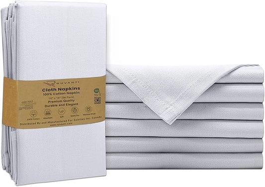 Ruvanti Premium Cloth Napkins Set of 6, 18x18 Inches, 100% Cotton, Washable, Soft & Absorbent, Perfect for Wedding, Christmas, ‎Thanksgiving Dinners - White