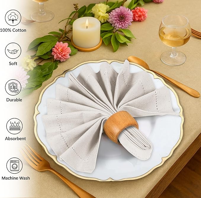 Ruvanti Cloth Napkins - 100% Cotton Dinner Napkins, Hem Stitched Corners, 18x18 Inch, 12 Pack - Soft, Absorbent, Durable, Reusable, Wrinkle Resistant for Formal Dining & Everyday Use - Natural Color