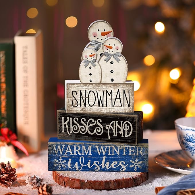 4 Pcs Christmas Table Decor Winter Snowman Wooden Table Decorations Rustic Signs Tiered Tray Decor Wood Farmhouse Vintage Ornaments Winter Christmas Gift for Kitchen Home Desk