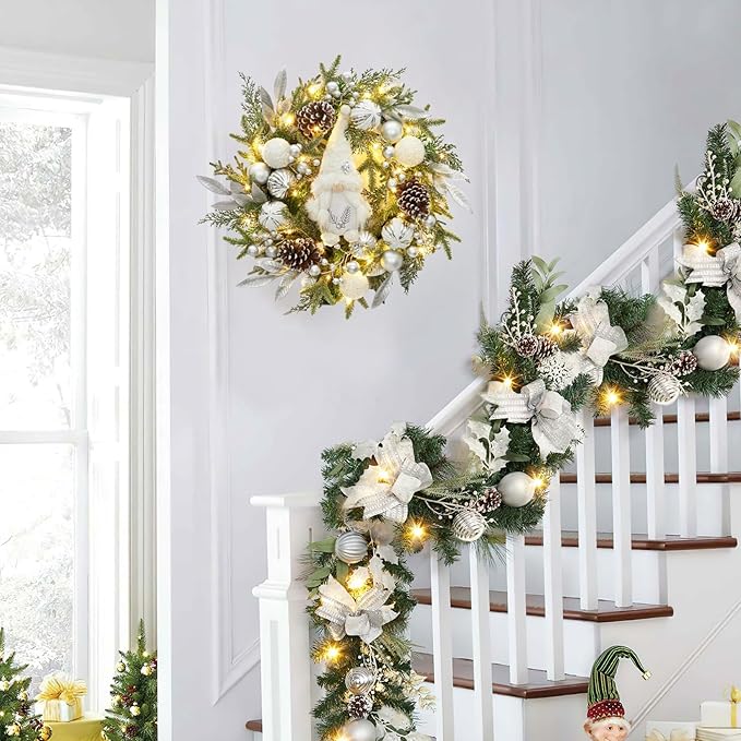 GarveeHome Christmas Garland with Lights, 6 ft Prelit Outdoor Christmas Garland with Silver White Christmas Balls Pine Cones for Mantle Front Door Table Centerpiece Indoor Home Holiday Decorations