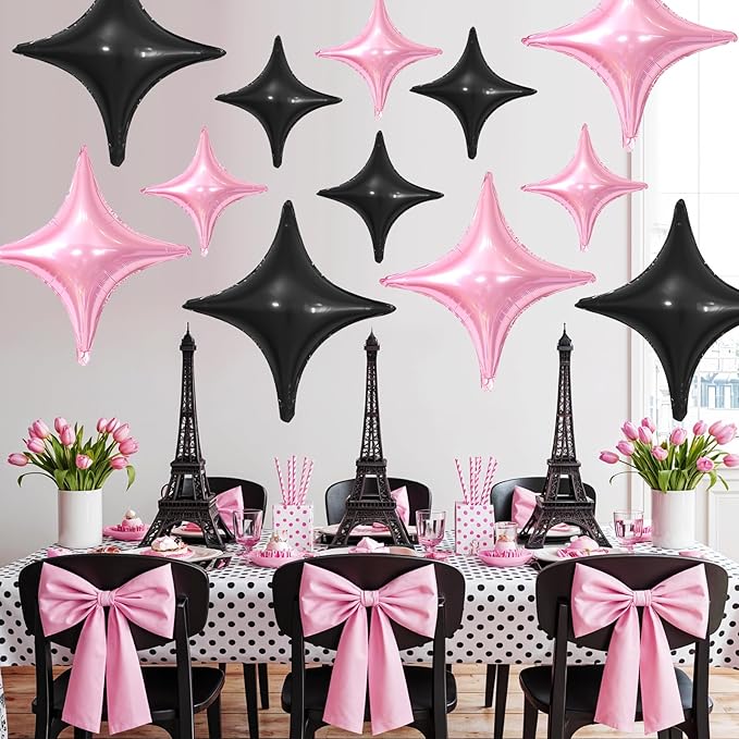 Pink Black Star Balloons,12Pcs Four Angle Star Foil Balloons,26Inch and 10Inch Pink Black Quadrangle Helium Balloon for Birthday Anniversary Party Decorations