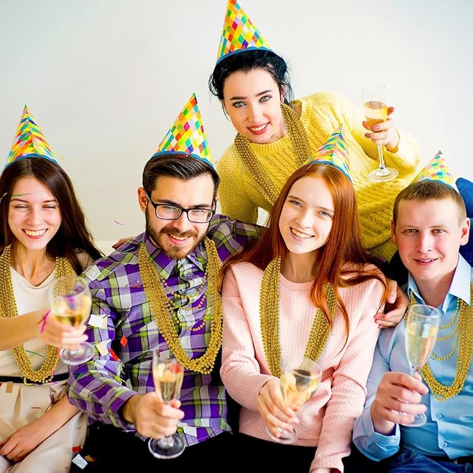 12PCS Mardi Gras Beads, Gold Beaded Necklace Stuff Set, 33" Mardi Gras Christmas Beads Necklace Costume Bulk, Festival Parade Throw Accessory Sets for Mardi Gras St Patricks Day Celebrations