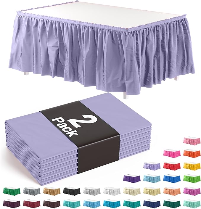 Exquisite Ruffle Table Skirt Lavender 2 Pack 14 Ft Long Table Skirts for Rectangle Tables 6ft Plus or Round Tables Skirts with Adhesive Strip for Gender Reveal Decor & Happy Birthday Parties
