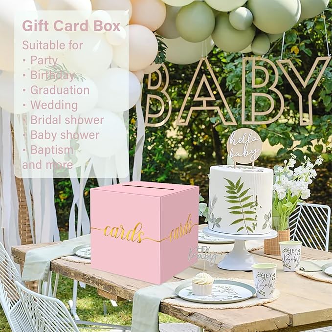 1 Pack Light Pink and Gold Foil Card Box for Party, 8.7" Pink Money Box for Birthday, Wedding, Baby Shower, Retirement, Anniversary, Bridal Shower, Raffle Ticket