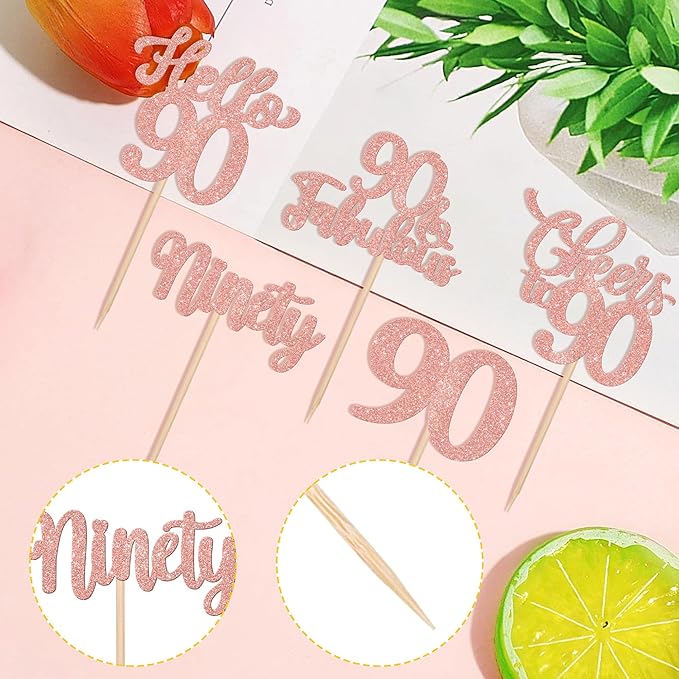 30PCS Happy 90th Birthday Cupcake Toppers Glitter Ninety Cheers to 90 Years Old Birthday Cupcake Picks Hello 90 Fabulous Cake Decorations for Happy 90th Birthday Anniversary Party Supplies Rose Gold