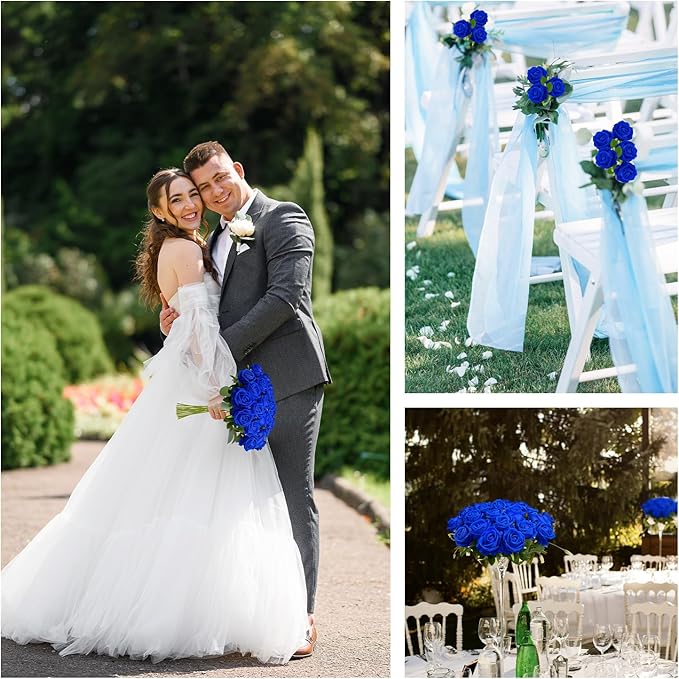 Bulk Artificial Flowers 50 PCS, Fake Velvet Silk Blue Roses with Long Stems Realistic Bouquet for Wedding Centerpieces, Faux Arrangement for Home Table Decor