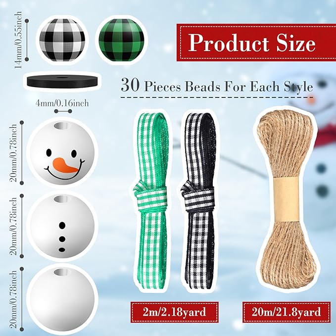 Landical 180 Piece DIY Christmas Snowman Wooden Bead Crafts Christmas DIY Ornaments Buffalo Plaid Wood Round Bead Xmas Print Wooden Beads with Twine Scarf for Crafts (Fresh Colors)