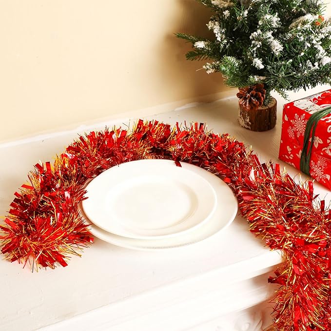 Dilunave 40 Feet Christmas Tinsel Garland Metallic Foil Twist Tinsel Garland Decoration for Christmas Tree, Wedding, Birthday and Party Hanging Decorations(Gold, Red)