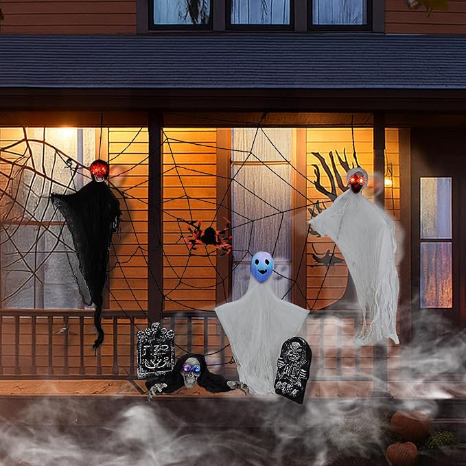 VINGLI Halloween Hanging Decorations, Flying Skeleton Reapers Ghosts, Spiders & Spider Webs, Tombstones with RIP Sign, with Lighted Up Eyes, 8 Pack for Indoor Haunted House Party Outdoor Graves Garden