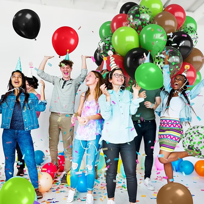 Red Green and Brown Balloons,12 Inch Red Green Brown and Black Balloons with Confetti Balloon for Boy Video Game Jungle Safari Baby Shower Woodland Hunting Army Party Decorations