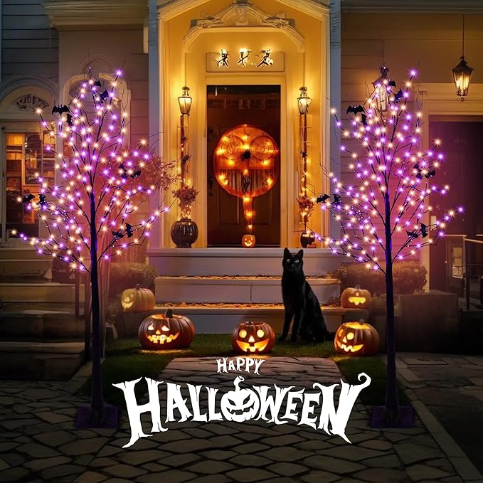 Halloween Lighted Tree with 260 LED Lights, 6FT Black Halloween Tree with Timer, 8 Modes, Dimmable, Spider Web & Bats DIY, Indoor Outdoor Halloween Decorations
