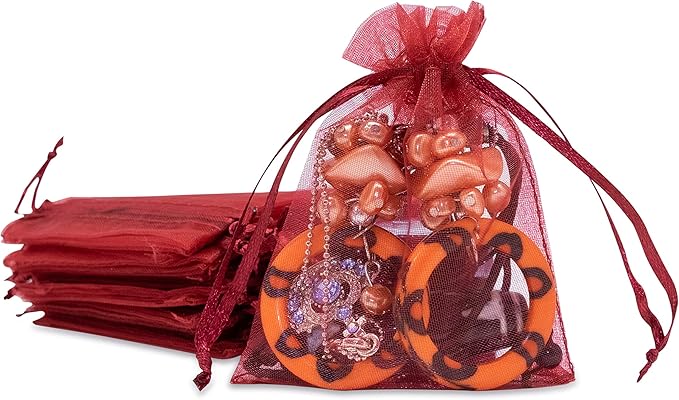 TheDisplayGuys 48-Pack 3x4 Maroon Sheer Organza Gift Bags with Drawstring, Jewelry Candy Treat Wedding Party Favors Mesh Pouch