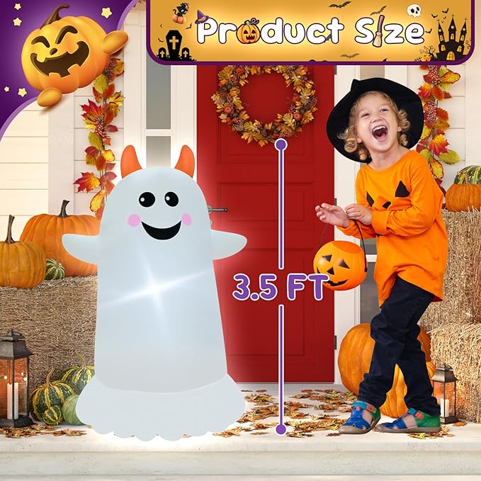 3.5FT White Ghost Halloween Inflatable Decor Blow Up Decoration with LED Lights Halloween Parties Holiday Decor Indoor Outdoor Yard Graden Decorations