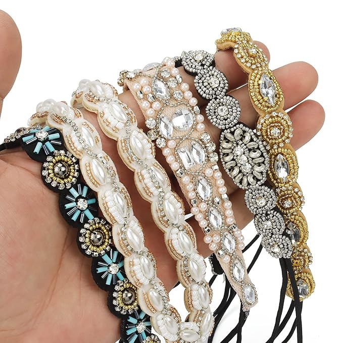 AMCAMI 5 Pcs Beaded Headband, Crystal Sparkly Hairbands for Women, Elastic Headbands with Pearls & Rhinestones, Hair Accessories for Women & Girls