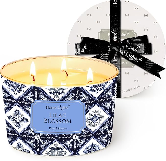 HomeLights 4-Wick Candles for Home Scented - 18oz Soy Wax Blend Candle Long-Lasting Fragrance, Bohemian Natural Textures Home Decor and Housewarming Gifts, Lilac Blossom