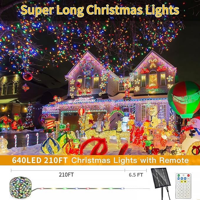 Solar Christmas Lights Outdoor Waterproof, 640 LED 210 Ft Solar Christmas String Lights Multicolor Outdoor Solar Lights,with 19 Mode Xmas Light for Xmas Tree Festival Christmas Decoration
