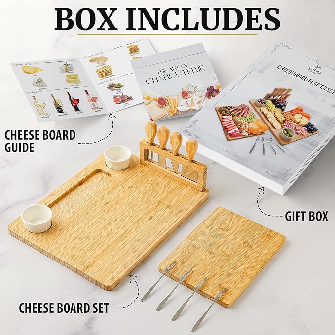 Zulay Kitchen Premium Bamboo Charcuterie Board Set - Extra Thick Bamboo with 4 Piece Knife Set - Perfect for Charcuterie, Wine and Cheese