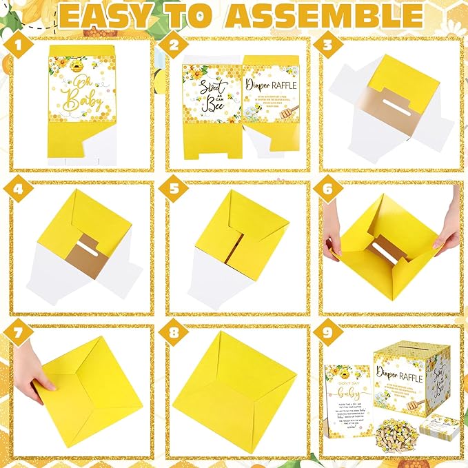102 Pcs Baby Shower Game Supplies Diaper Raffle Tickets with Diaper Raffle Card Box Don't Say Baby Sign Mini Clothespin Shower Game Decor for Gender Reveal (Bee)