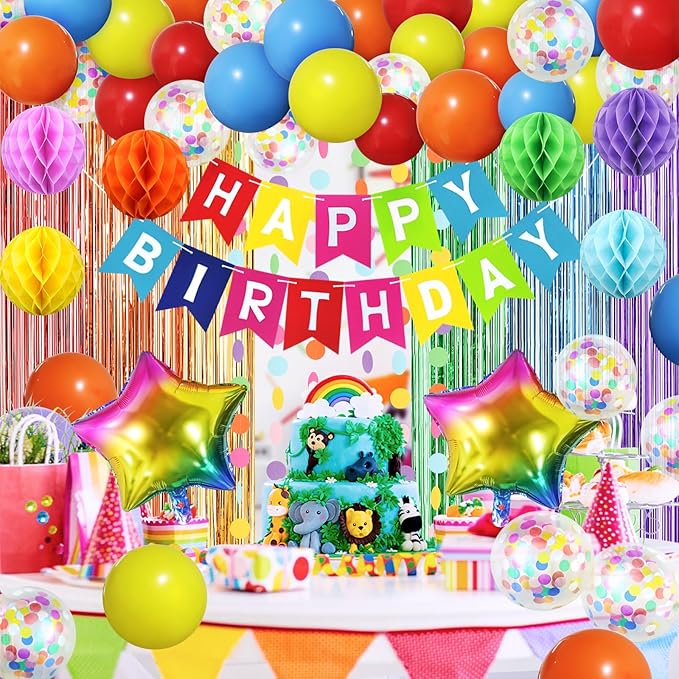 ZERODECO Rainbow Birthday Decorations, Multicoloured Fringe Backdrop Happy Birthday Banner Honeycomb Balls Pompoms Foil Balloons for Kid Baby Boy Girl Colorful Party Decorations