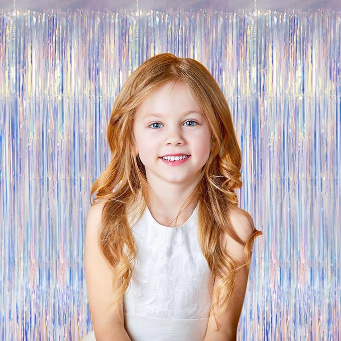 Iridescent Party Backdrop 3Packs Transparent Tinsel Foil Fringe Curtain for Frozen Mermaid Sea Birthday Party Decorations, 3.3x8.2ft Streamers Backdrops