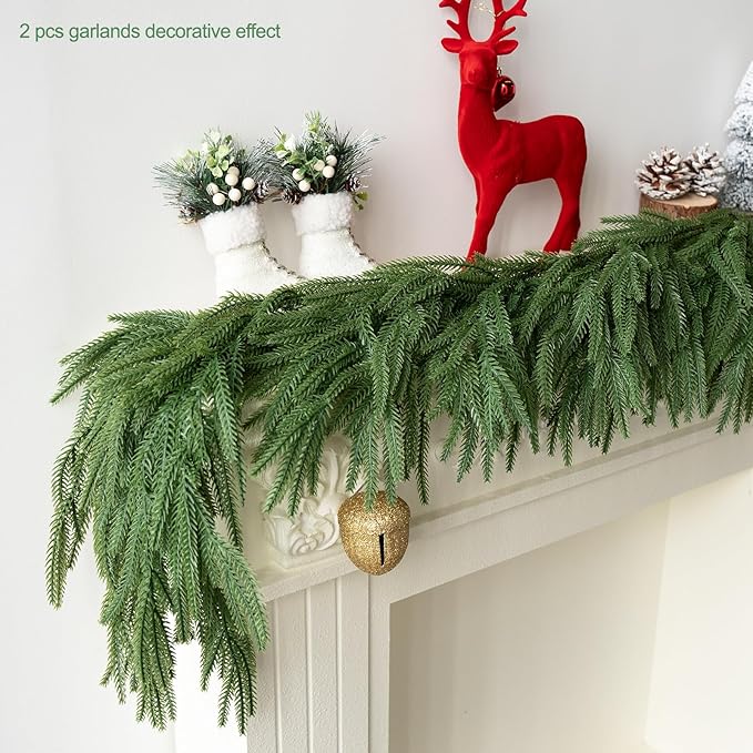 6Ft 2Pcs Artificial Norfolk Pine Garland Realistic Green Faux Greenery Garland for Christmas Table, Fireplace, Mantle, Window, Stairs, Indoor, Outdoor Holiday Decor