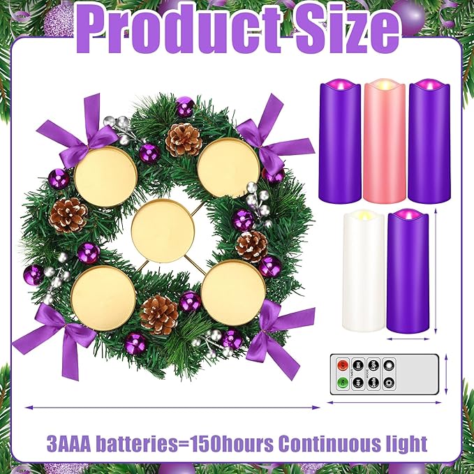 Tioncy 12 Inch Christmas Advent Wreath Candle Holder with 5 Flameless Candles Remote Control Wreaths Holder Centerpiece Decoration with Berries(Trendy,8 x 3 x 3 in)