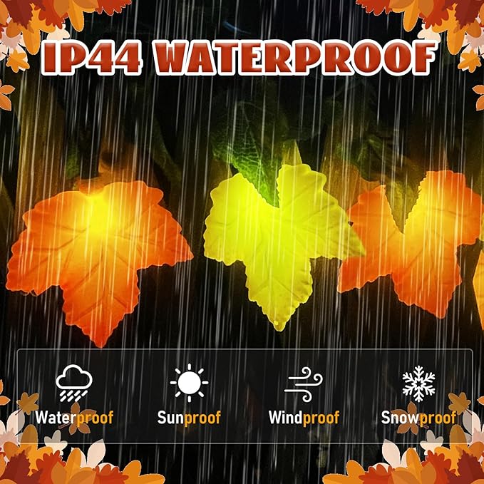 Maple Leaf Fall Lights 8.5Ft – LED String Lights with 10 3D Orange Yellow Leaves for Autumn Home, Kitchen, Table, Mantel & Thanksgiving Decor