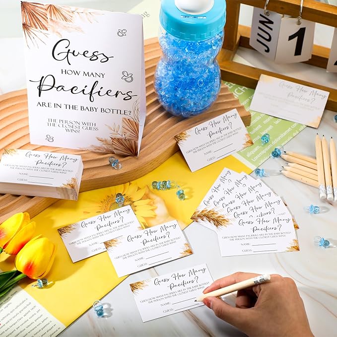 Roowest 512 Pcs Baby Shower Games Guess How Many Pacifiers Sign 100 Small Guessing Games 10 HB Pencils 750ml Milk Bottle 400 Acrylic Pacifiers Decoration for Guest Gender Reveal(Blue,Boho)