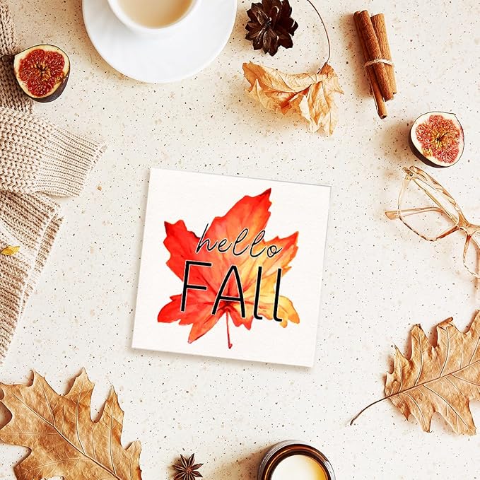 Funny Hello Fall Wood Box Sign Hello Autumn Maple Leaves Wooden Block Desk Decor for Home Office Kitchen Cubicle Table Shelf Tabletop,Farmhouse Fall Sign Decor