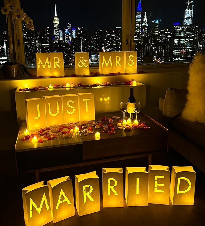 “MR & MRS” light up letters with Tealight Candles and Rose petals included. Luminary Paper Bags to be used as Wedding Decorations for Reception or as Newlywed Gift for the Honeymoon Suite