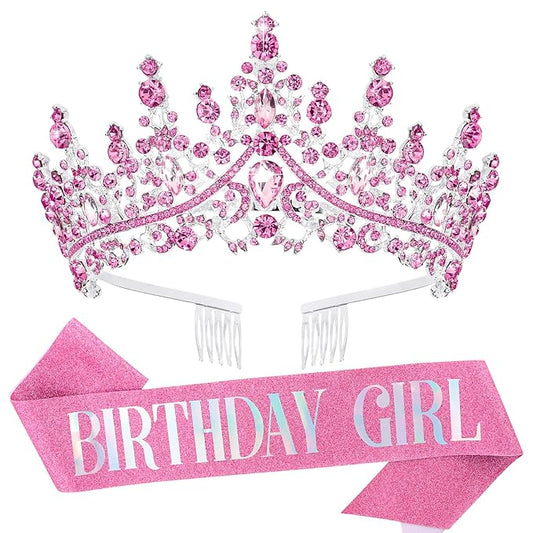 Velscrun Pink Crystal Birthday Tiara Crowns for Women Girls Elegant Princess Crown with Combs Birthday Girl Headband Sash Happy Birth Party Decorations Birth Gift Cake Topper Hair Accessories