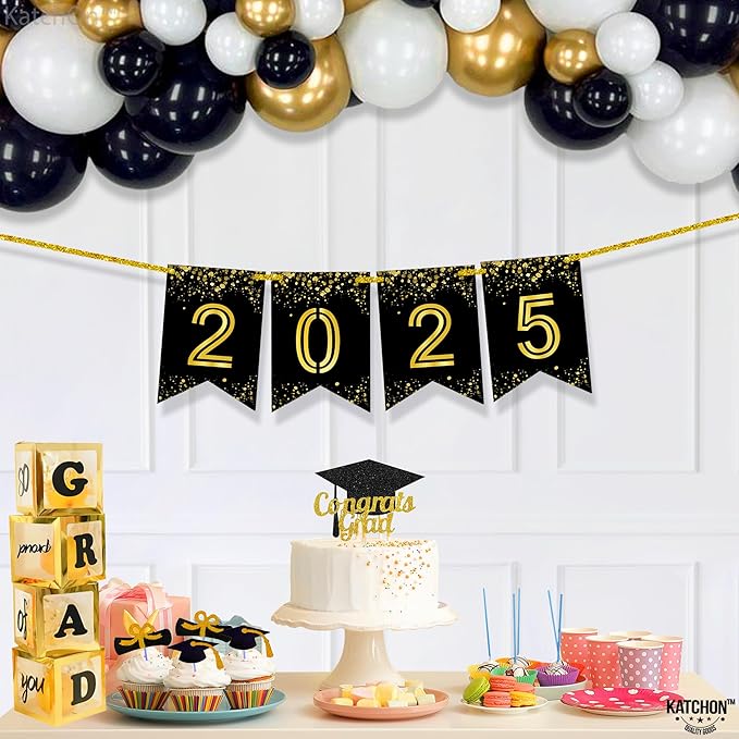 Katchon, Shiny Graduation 2025 Banner - Large 10 Feet, No DIY | Happy Graduation Banner 2025, Grad Decorations Class of 2025 | 2025 Sign, 2025 black gold banner | 2025 grad sign