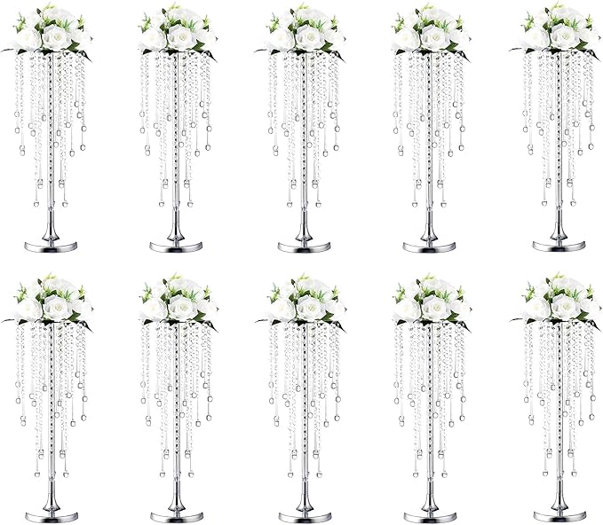 10 Pcs Wedding Centerpieces Vase, 21.6" Silver Metal Flower Holders Centerpiece Vase with Chandelier Crystal,for Reception Tables Décor Wedding Anniversary Party Events