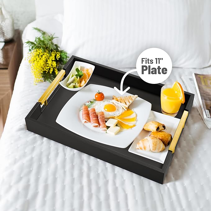 Leather Serving Tray with Gold Polished Metal Handles, Home Decorative Wooden Rectangle Ottoman Decor Platter Bathroom Vanity Tray for All Occasions Black