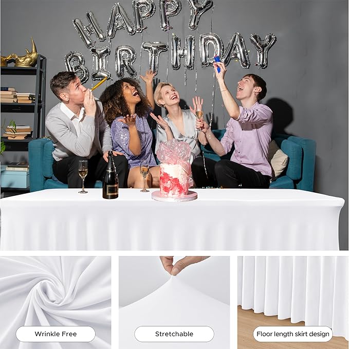 HolidayIdeas White Spandex Table Covers 6 Foot, Fitted Stretch Table Skirts 30x72 Inch, Wrinkle-Free Floor Length Polyester Tablecloths for Weddings Parties Banquets Events,4 Pack