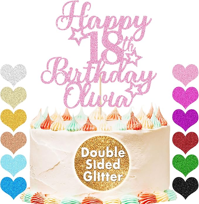 EDSG Happy Birthday Cake Topper Personalized Double Sided Glitter Customized with Any Age Name Cake Decoration (Baby Pink)