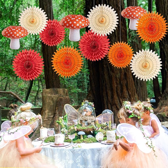Homarkable Mushroom Paper Lanterns Paper Fans, Mushroom Party Decorations, with 3 Mushroom Lanterns 12 Inches, Red Orange Folding Fans, Honeycomb Party Decorations for Nursery Garden Forest Party